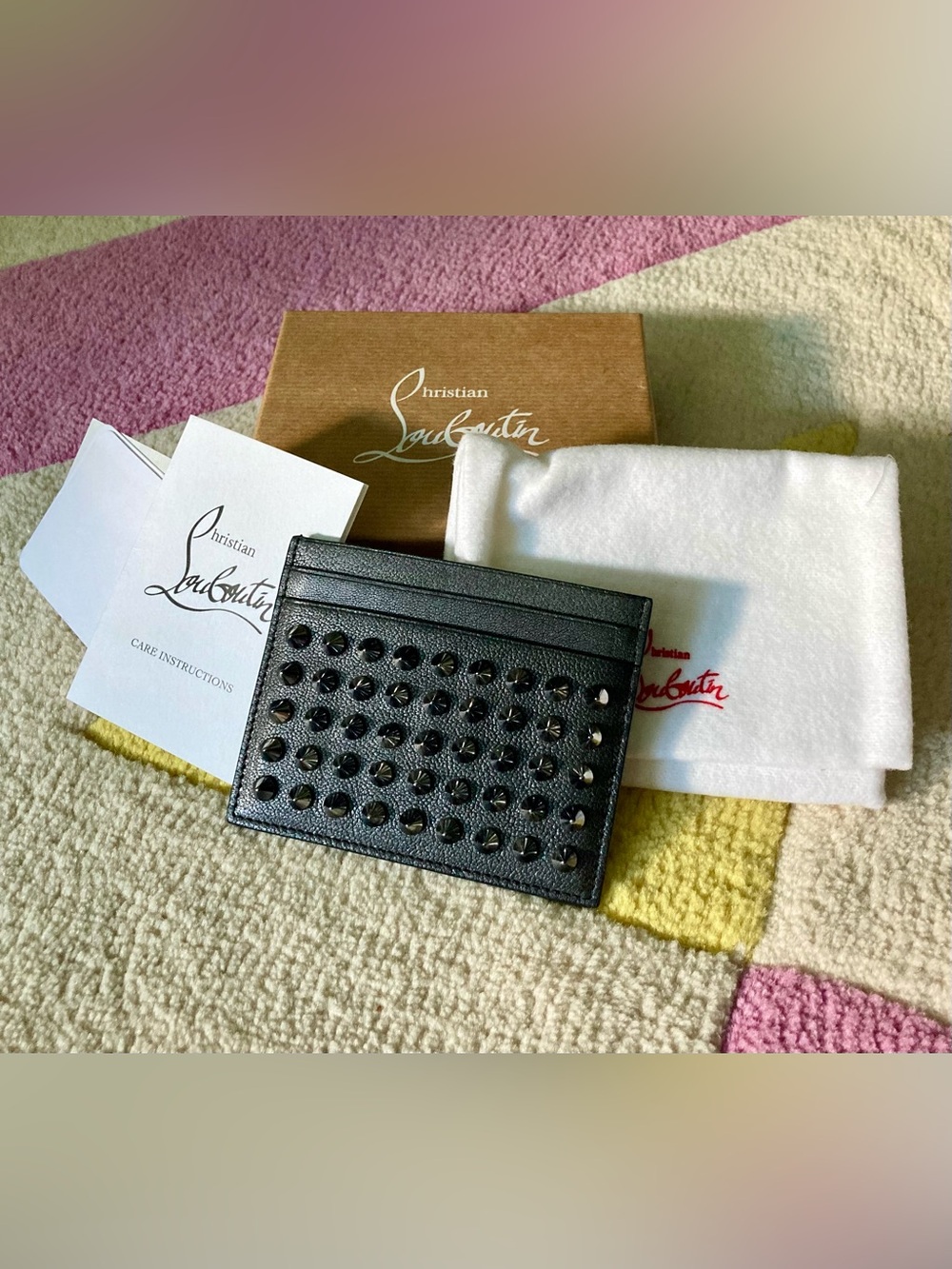 Christian Louboutin Kios Card Case Wallet Black Sheepskin Leather Silver Spikes